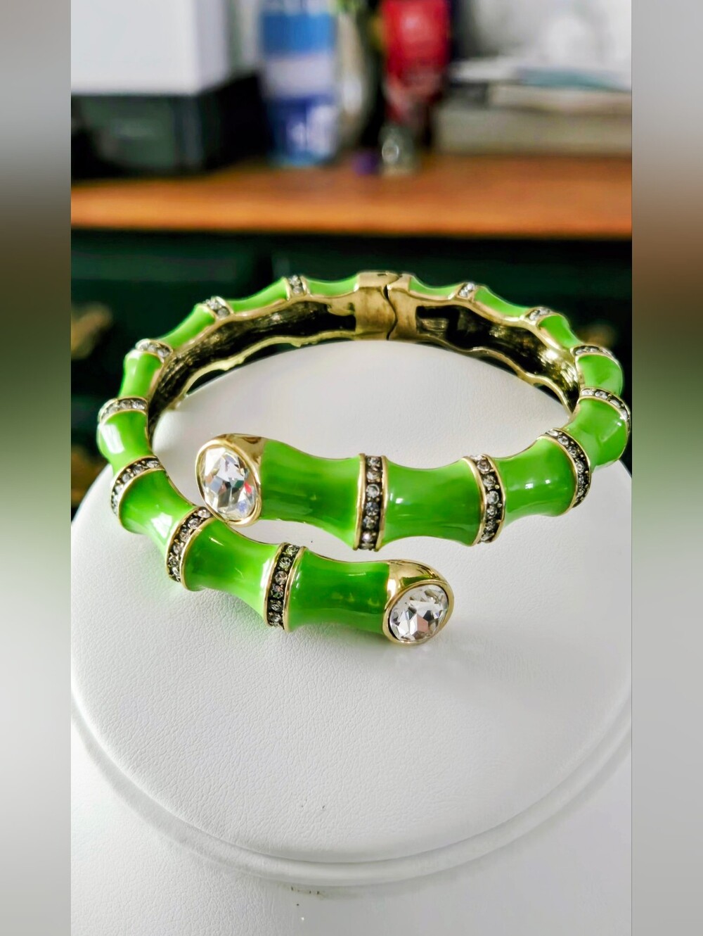 Heidi Daus Neon Green Enamel Bamboo-Style Hinged Bracelet with Clear Crystals - Picture 5 of 16
